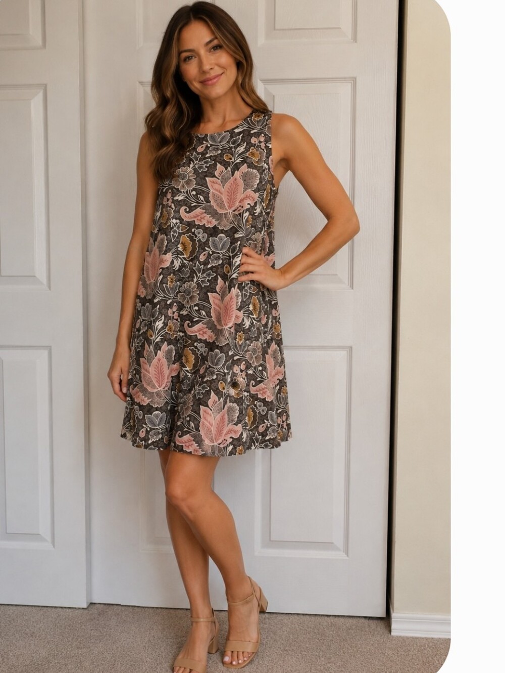 LOFT Petite Brown Pink Floral Shift Dress Sleeveless Size SP
